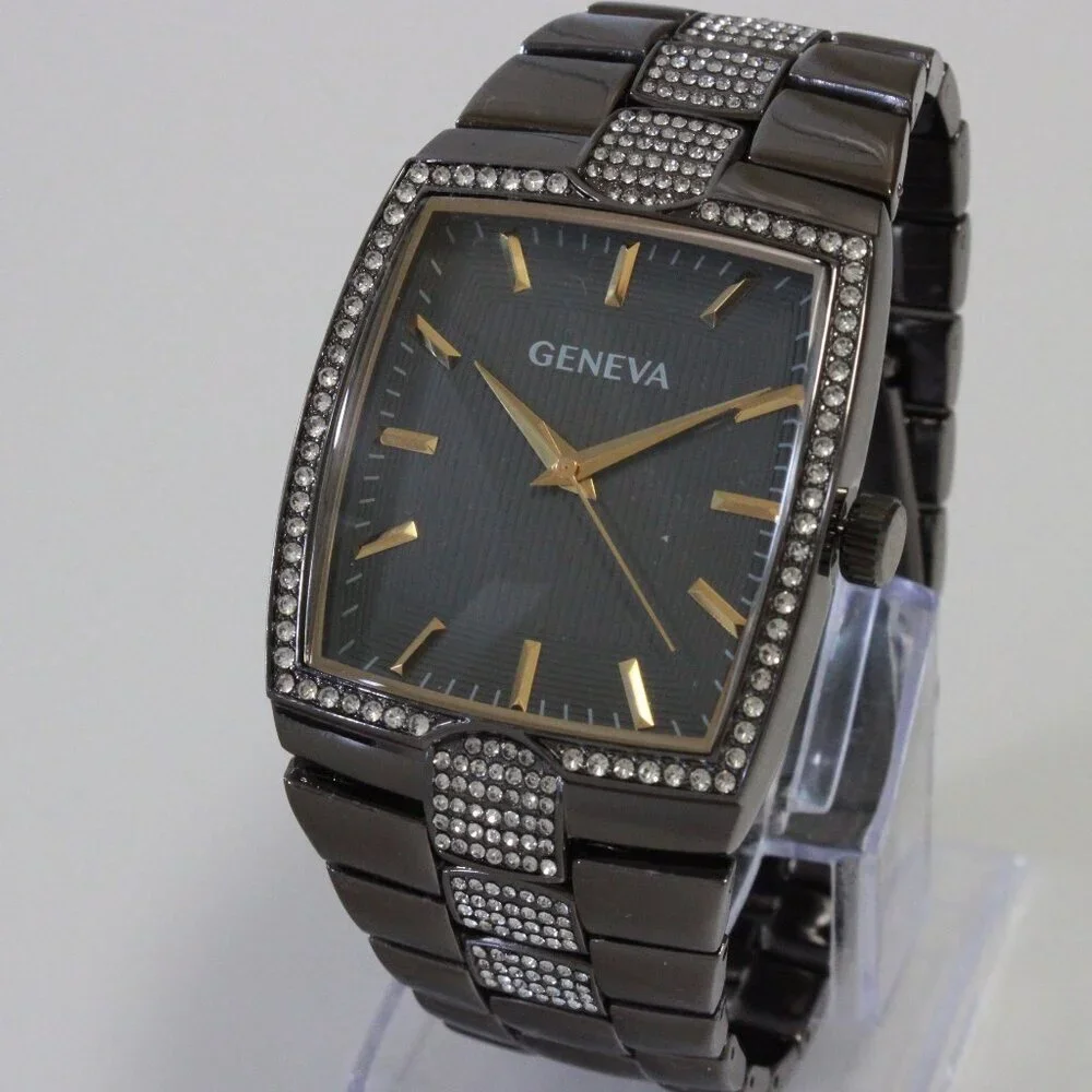 Geneva Men's Tank Style Quarts Watch Gun Metal Grey With Stone Accents 37mm